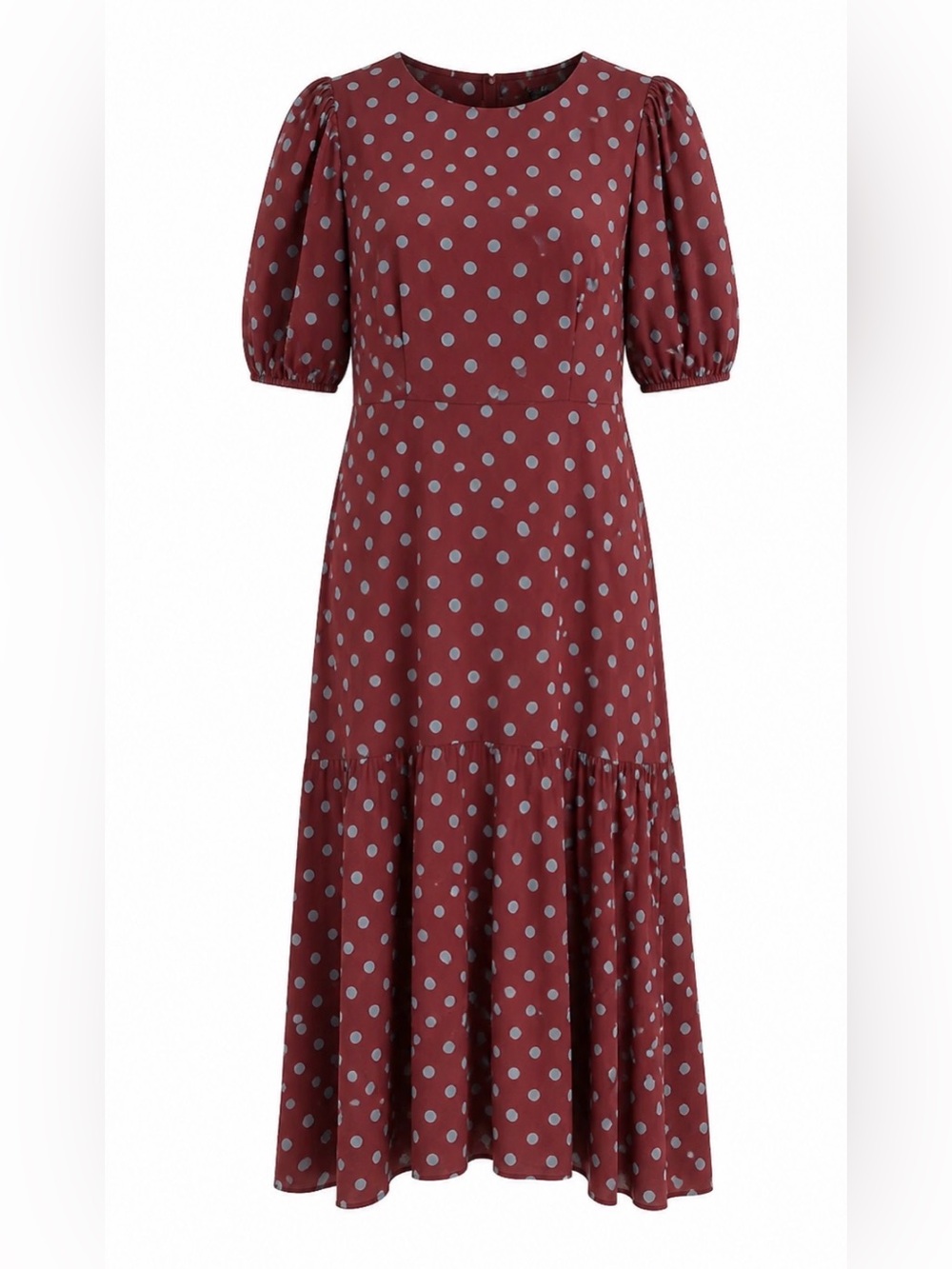 Bobeau Polka Dot Midi Dress in Brown with Blue Dots. Sz M